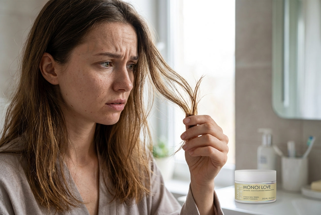 Femme examinant ses cheveux abîmés